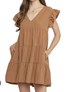 entro Brown Tiered V-Neck Flutter Sleeve Mini Dress